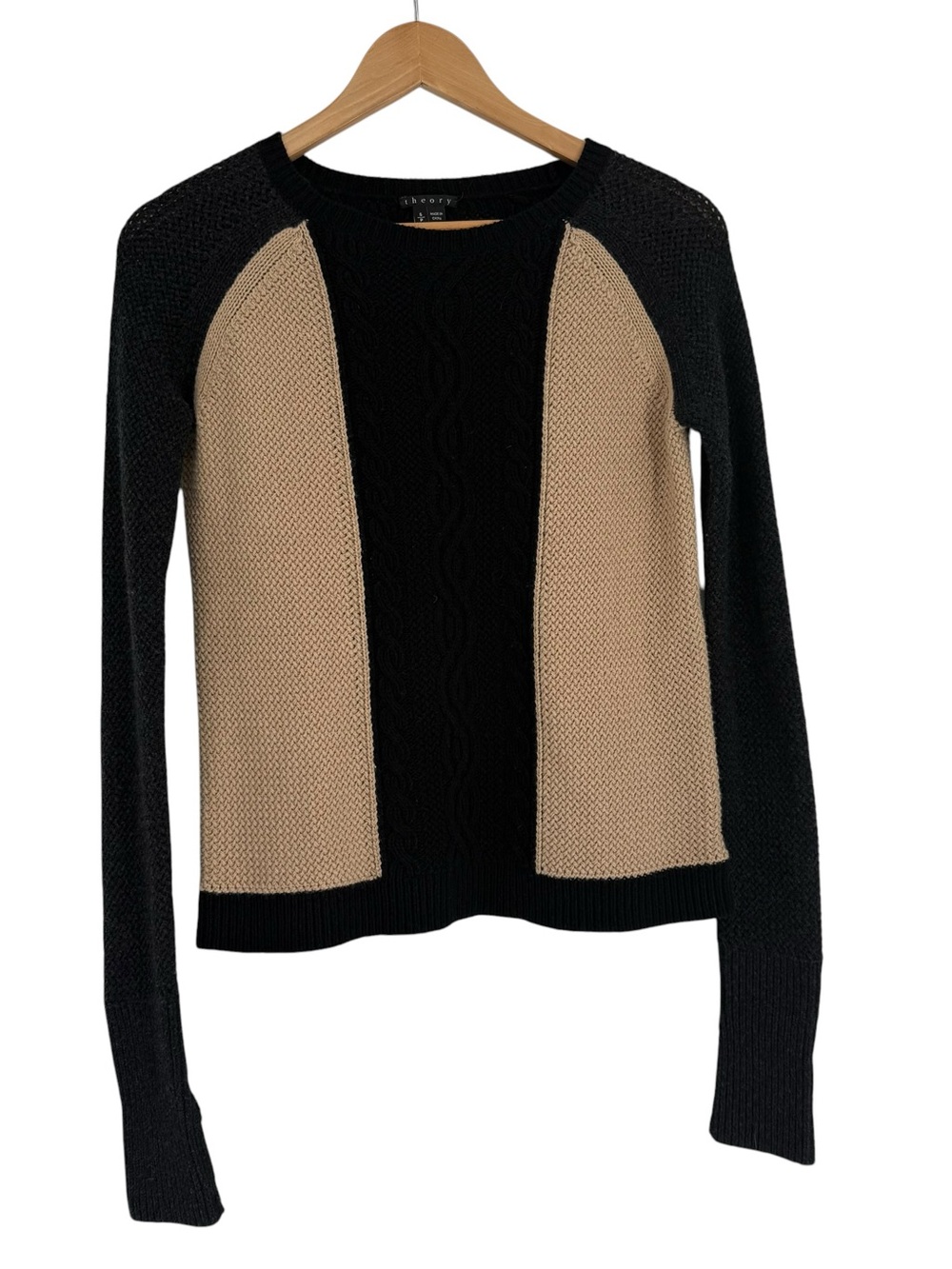 Theory Women Wool Sweater Size S Colorblock Cable Knit Tan Black Crew Neck